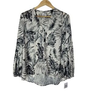 Badgley Mischka Blouse‎ Floral V-Neck Long Sleeve Pullover Womens Medium Gray